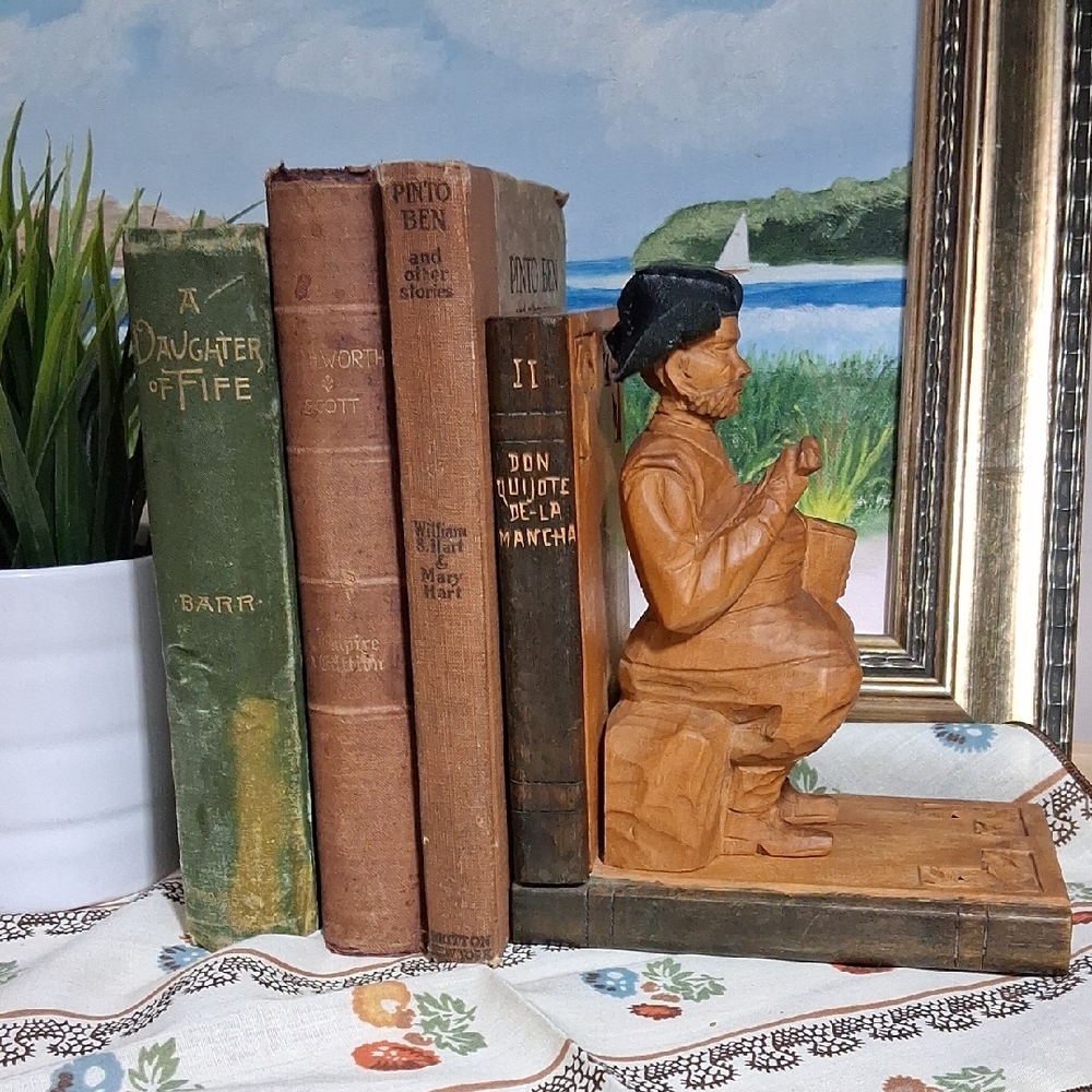 Vintage Books and Wood Carved Bookend